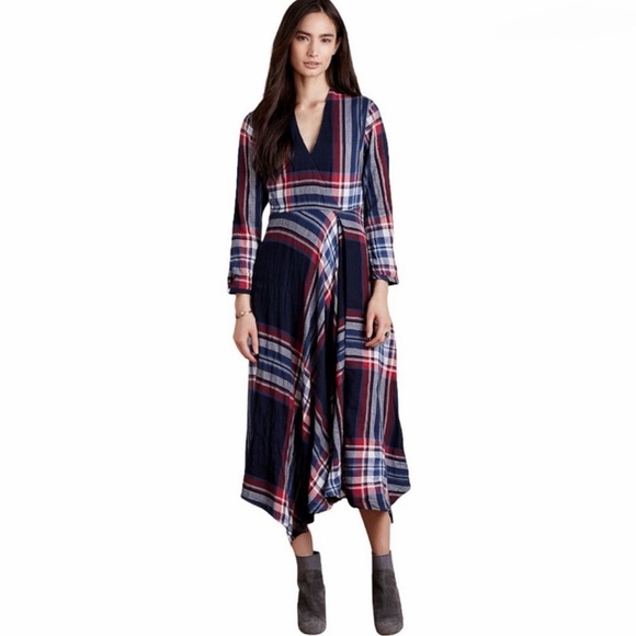 Isabella Sinclair Dresses & Skirts - Isabella Sinclair Navy Plaid Wrap Style Midi Dress Long Sleeve Size M EUC